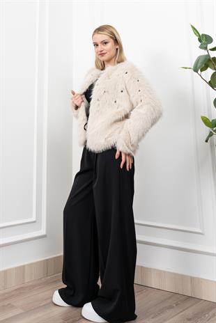 İnci Detaylı Peluş Kürk Mont Ceket 2602