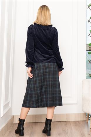 Kadife Gömlek Fırfır Yaka Detaylı ve Ekose Düğme Detaylı Etek 1280