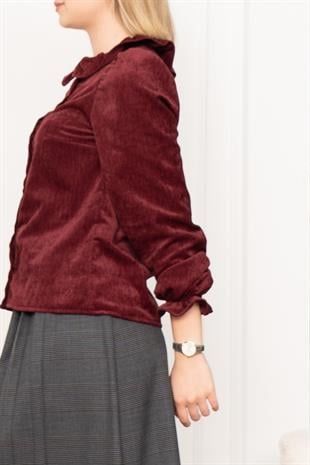 Kadife Gömlek Fırfır Yaka Detaylı ve Ekose Düğme Detaylı Etek 1280