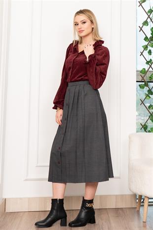 Kadife Gömlek Fırfır Yaka Detaylı ve Ekose Düğme Detaylı Etek 1280