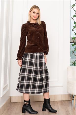 Kadife Gömlek Fırfır Yaka Detaylı ve Ekose Düğme Detaylı Etek 1280