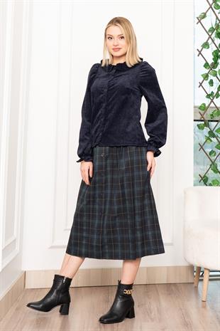 Kadife Gömlek Fırfır Yaka Detaylı ve Ekose Düğme Detaylı Etek 1280