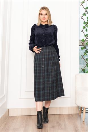 Kadife Gömlek Fırfır Yaka Detaylı ve Ekose Düğme Detaylı Etek 1280