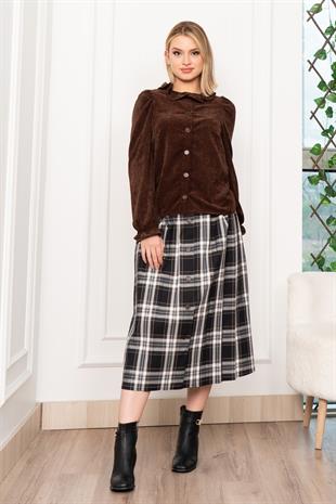 Kadife Gömlek Fırfır Yaka Detaylı ve Ekose Düğme Detaylı Etek 1280
