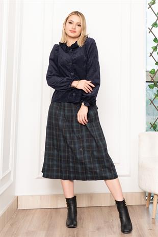 Kadife Gömlek Fırfır Yaka Detaylı ve Ekose Düğme Detaylı Etek 1280