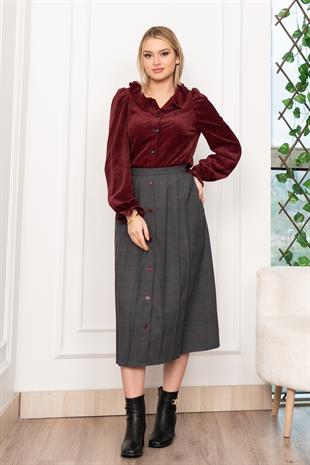 Kadife Gömlek Fırfır Yaka Detaylı ve Ekose Düğme Detaylı Etek 1280