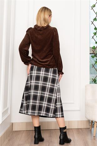 Kadife Gömlek Fırfır Yaka Detaylı ve Ekose Düğme Detaylı Etek 1280