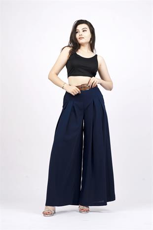 Kemer Detaylı Çift Pilikaşeli Beli Lastikli Bol Paça Pantolon 30151