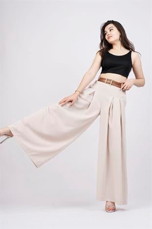 Kemer Detaylı Çift Pilikaşeli Beli Lastikli Bol Paça Pantolon 30151