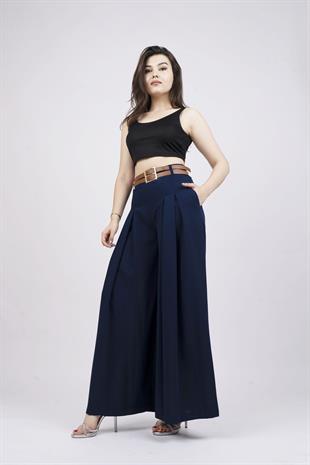 Kemer Detaylı Çift Pilikaşeli Beli Lastikli Bol Paça Pantolon 30151