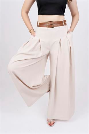 Kemer Detaylı Çift Pilikaşeli Beli Lastikli Bol Paça Pantolon 30151