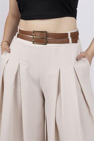 Kemer Detaylı Çift Pilikaşeli Beli Lastikli Bol Paça Pantolon 30151