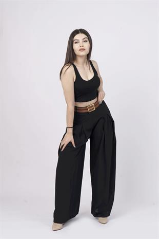 Kemer Detaylı Çift Pilikaşeli Beli Lastikli Bol Paça Pantolon 30151