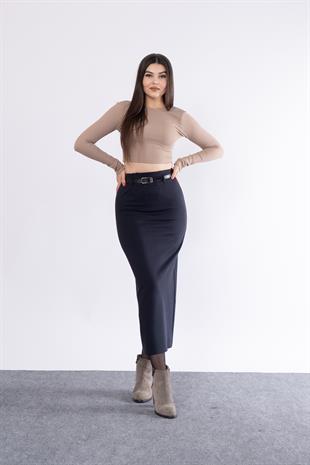 Kemerli Arka Yırtmaçlı Likralı Kalem Etek 6749