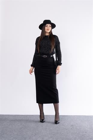 Kemerli Arka Yırtmaçlı Likralı Kalem Etek 6749