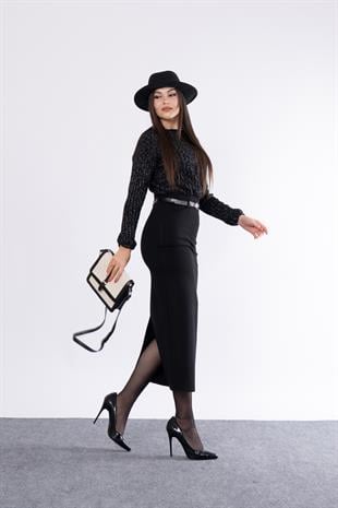 Kemerli Arka Yırtmaçlı Likralı Kalem Etek 6749