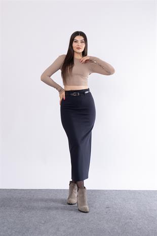 Kemerli Arka Yırtmaçlı Likralı Kalem Etek 6749