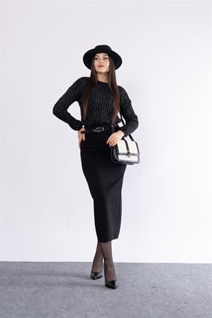 Kemerli Arka Yırtmaçlı Likralı Kalem Etek 6749