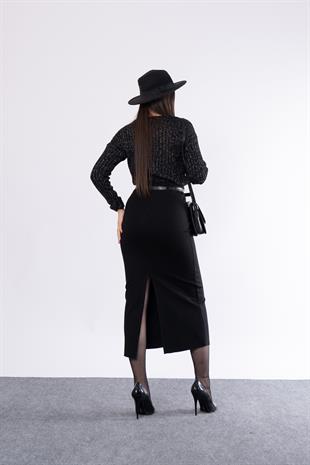 Kemerli Arka Yırtmaçlı Likralı Kalem Etek 6749