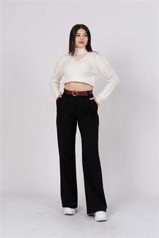 Kemerli Bol Paça Dokuma Kumaş Cepli Pantolon 30190