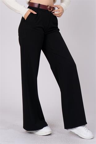 Kemerli Bol Paça Dokuma Kumaş Cepli Pantolon 30190