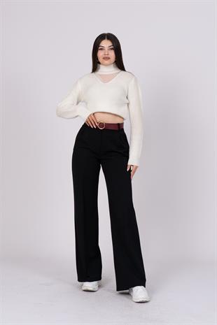 Kemerli Bol Paça Dokuma Kumaş Cepli Pantolon 30190