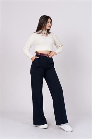 Kemerli Bol Paça Dokuma Kumaş Cepli Pantolon 30190