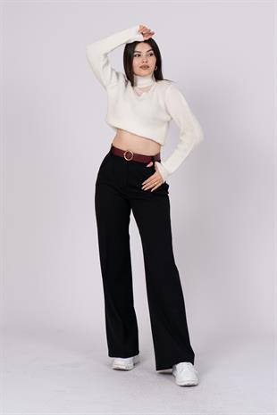 Kemerli Bol Paça Dokuma Kumaş Cepli Pantolon 30190