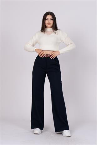 Kemerli Bol Paça Dokuma Kumaş Cepli Pantolon 30190