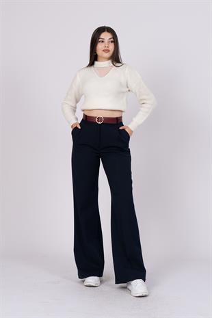 Kemerli Bol Paça Dokuma Kumaş Cepli Pantolon 30190