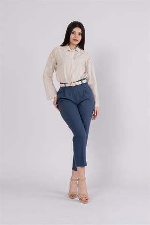 Kemerli Düz Kısa Paça Cepli Pantolon 30224