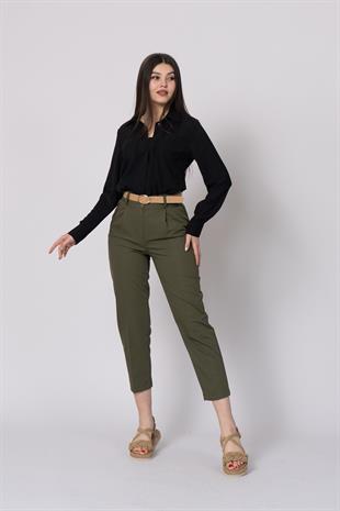Kemerli Düz Kısa Paça Cepli Pantolon 30224