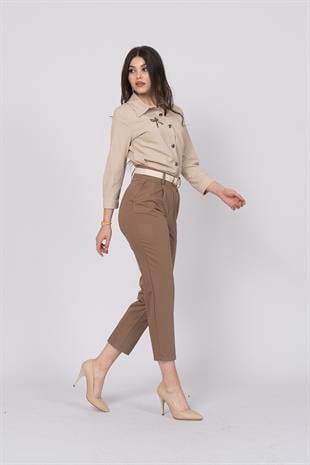 Kemerli Düz Kısa Paça Cepli Pantolon 30224