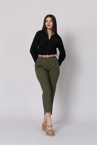 Kemerli Düz Kısa Paça Cepli Pantolon 30224