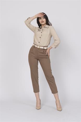 Kemerli Düz Kısa Paça Cepli Pantolon 30224