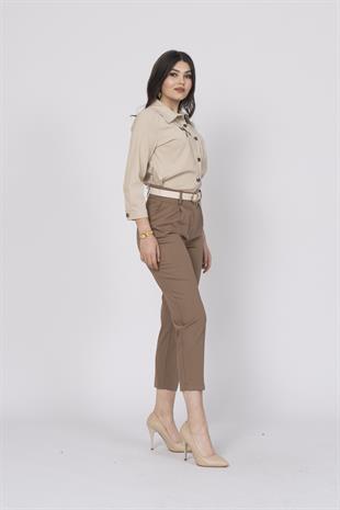 Kemerli Düz Kısa Paça Cepli Pantolon 30224