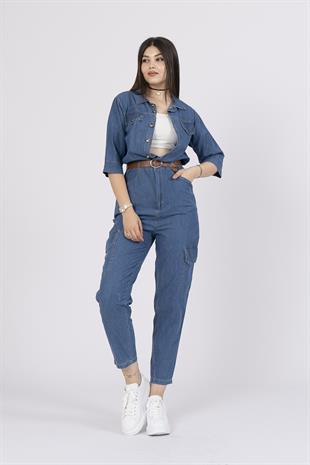 Kemerli Kot Denim Jean Kargo Cepli Tulum