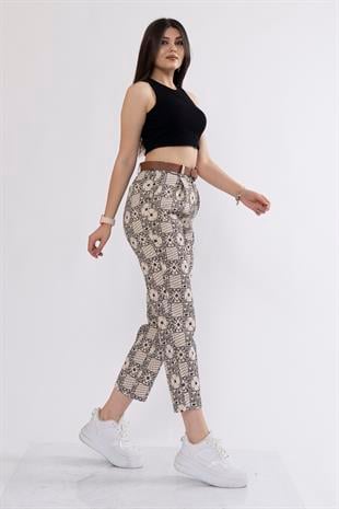 Kemerli Kot Gabardin Kumaş Desenli Trend Pantolon 3952