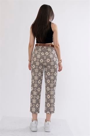 Kemerli Kot Gabardin Kumaş Desenli Trend Pantolon 3952