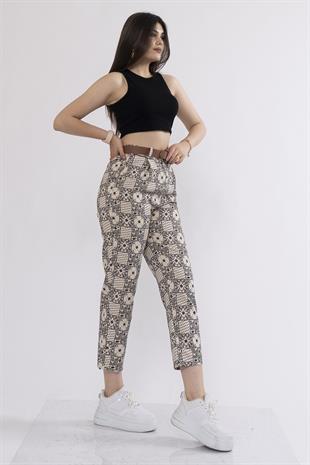 Kemerli Kot Gabardin Kumaş Desenli Trend Pantolon 3952