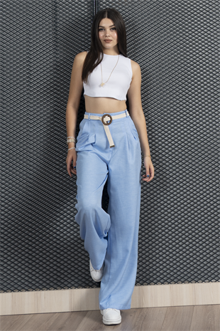 Kemerli ve Pileli Beli Arkadan Lastikli Keten Pantolon 30285