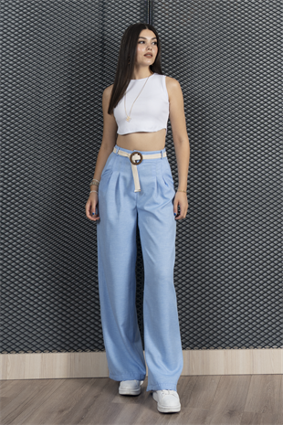 Kemerli ve Pileli Beli Arkadan Lastikli Keten Pantolon 30285