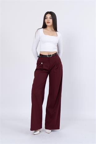 Kemerli Ve Pileli Cep Düğme Detaylı Bol Paça Pantolon 30222