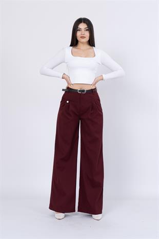 Kemerli Ve Pileli Cep Düğme Detaylı Bol Paça Pantolon 30222