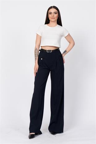 Kemerli Ve Pileli Cep Düğme Detaylı Bol Paça Pantolon 30222