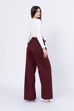 Kemerli Ve Pileli Cep Düğme Detaylı Bol Paça Pantolon 30222