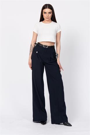 Kemerli Ve Pileli Cep Düğme Detaylı Bol Paça Pantolon 30222