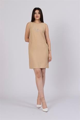Keten Viskoz Kumaş Önü Yazılı Elbise 50287