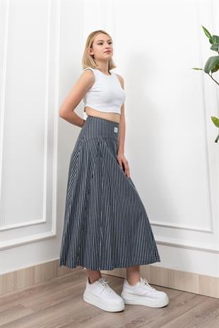Korsaj Altı Büzgülü Çizgili Uzun Etek 6797