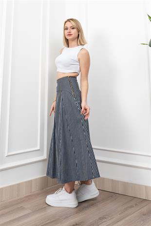 Korsaj Altı Büzgülü Çizgili Uzun Etek 6797